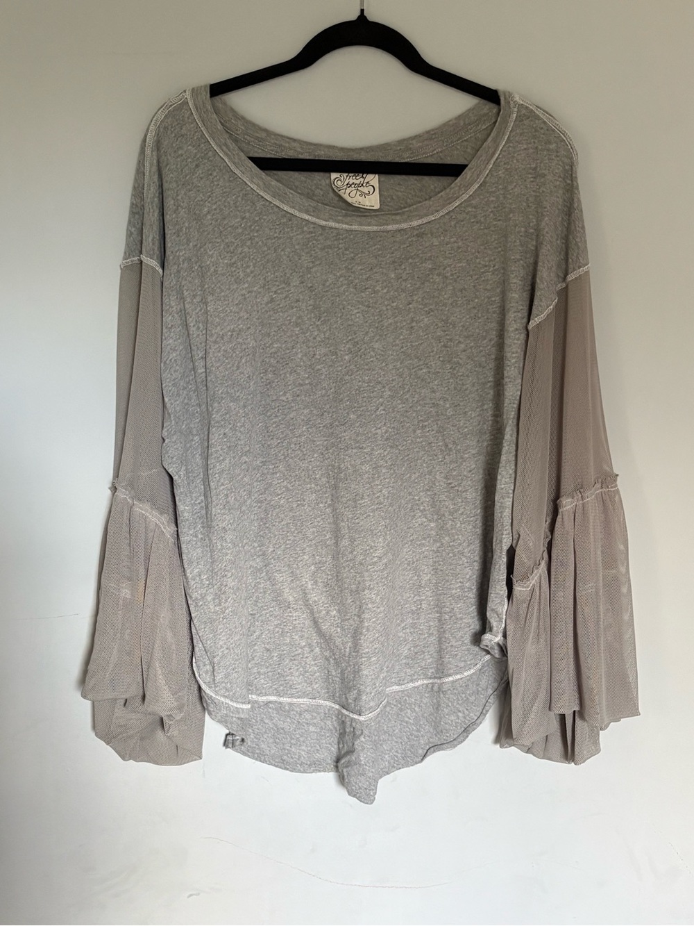 Free People Light Gray Long Sleeve Tee with Sheer Bell Sleeves